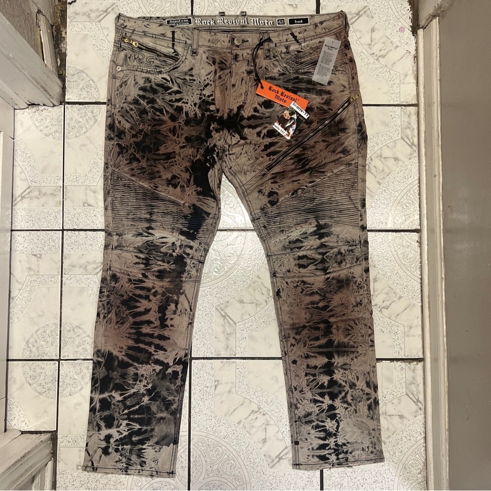 New Rock Revival Moto “JEZEK” Tie Dye Zipper Stretch Jeans Men’s Size 42